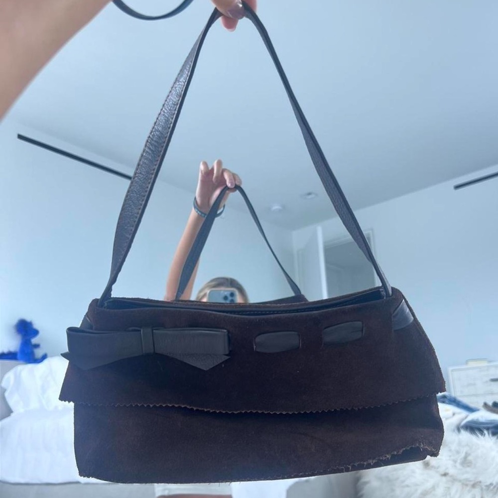 Brown suede coquette mini purse with leather bow